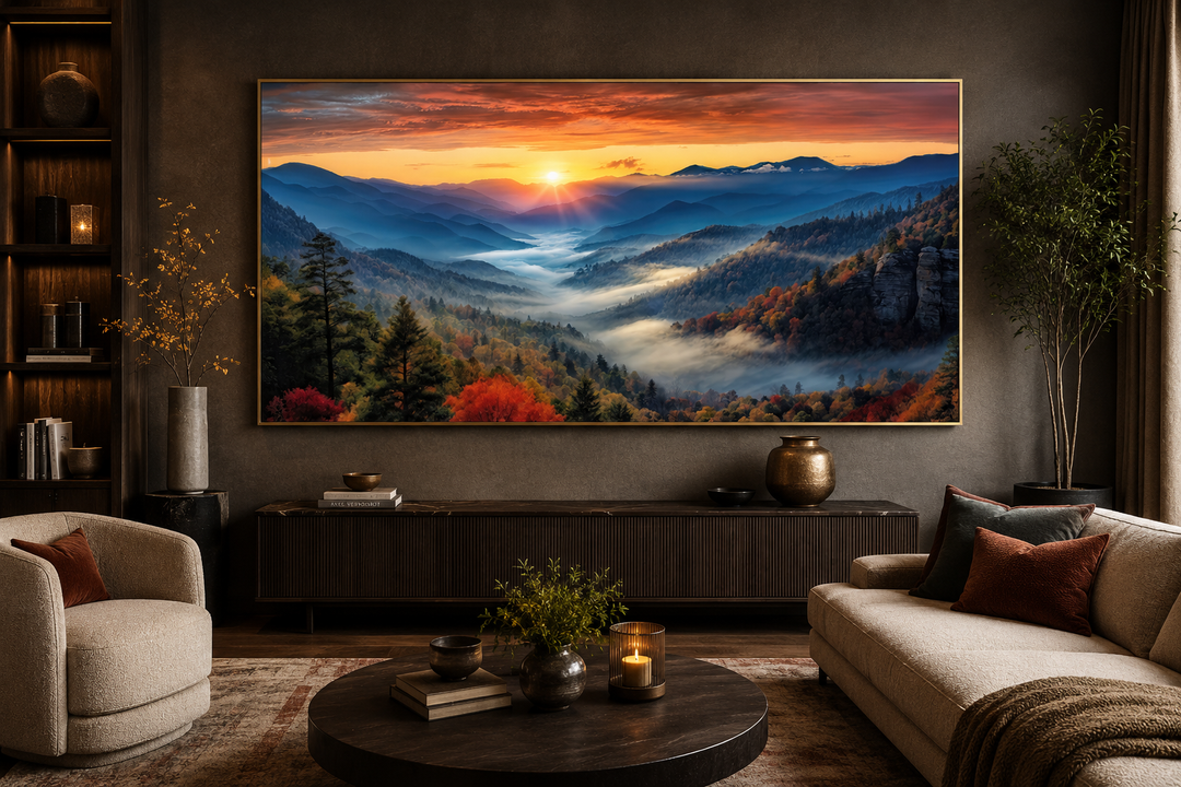 Smoky Mountains sunset art canvas displayed above a dark wood console in a rustic living room.