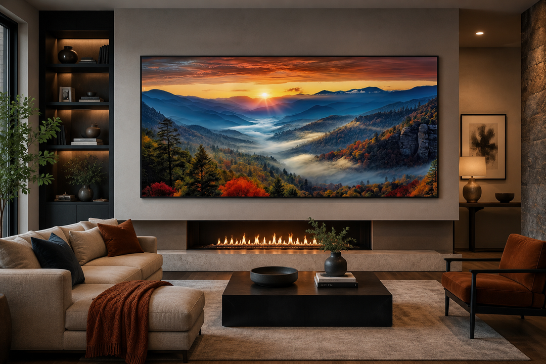 Extra large Smoky Mountains sunset canvas art displayed above a fireplace in a modern living room.