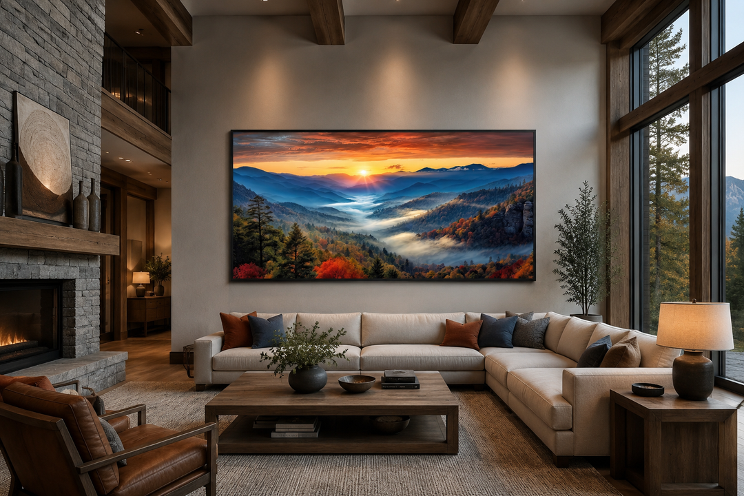 Extra large Smoky Mountains sunset canvas art displayed above a sofa in a rustic living room.
