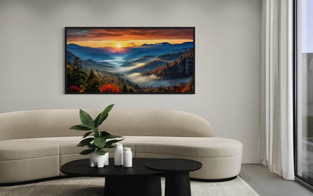 Smoky Mountains sunset canvas art above a beige sofa in a modern living room.