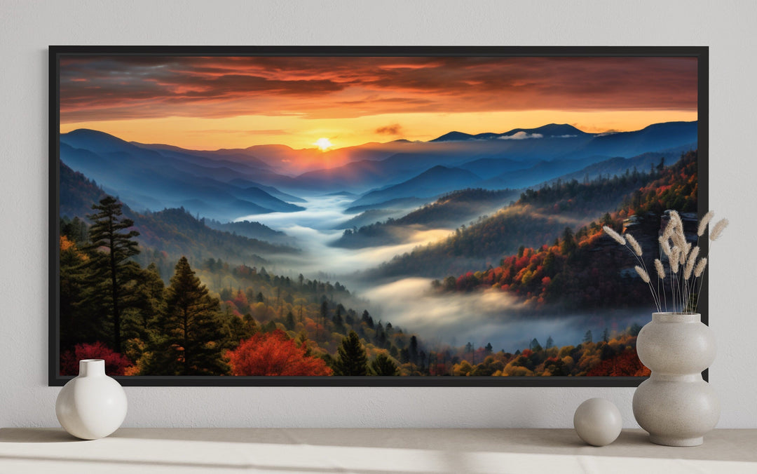 Smoky Mountains sunset canvas art featuring misty valleys and autumn trees in a black frame.