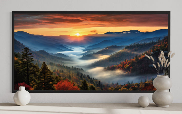 Smoky Mountains sunset canvas art featuring misty valleys and autumn trees in a black frame.