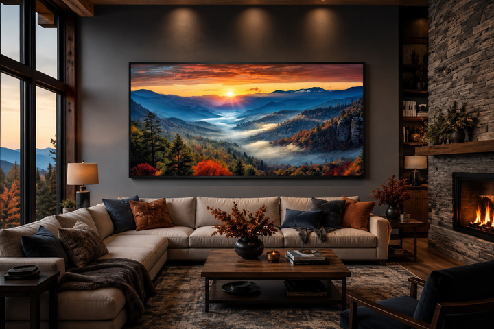 Smoky Mountains sunset canvas art displayed above a sofa in a rustic living room with a fireplace.