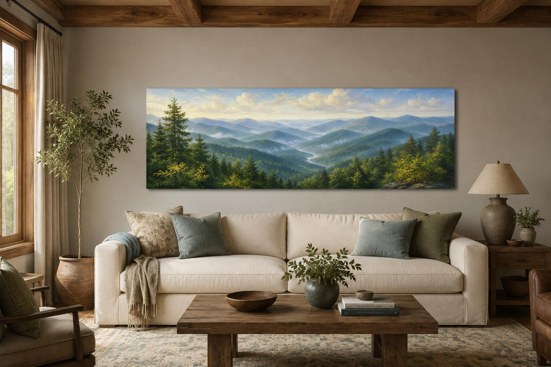 Panoramic Smoky Mountains canvas wall art above a sofa in a rustic living room.