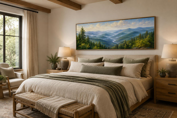 Panoramic Smoky Mountains canvas wall art above a bed in a rustic, neutral-toned bedroom.