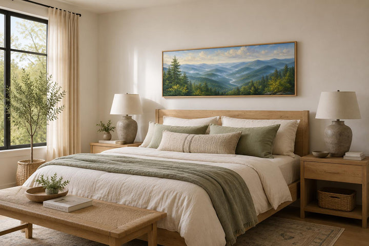 Panoramic Smoky Mountains wall art above a bed in a rustic bedroom with neutral decor.
