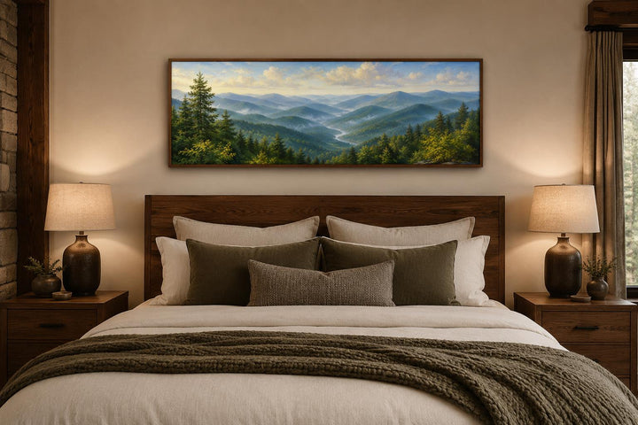 Panoramic Smoky Mountains canvas wall art hanging above a bed in a rustic lodge-style bedroom.