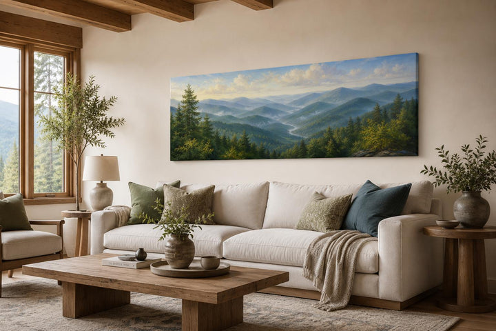Panoramic Smoky Mountains canvas wall art featuring misty blue ridges and green pine forests.