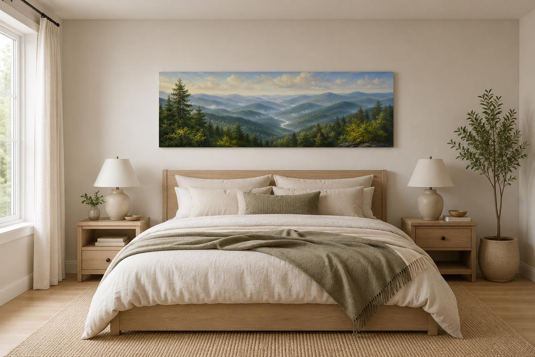 Panoramic Smoky Mountains canvas wall art above a bed in a rustic, neutral-toned bedroom.