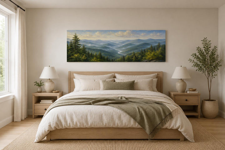 Panoramic Smoky Mountains canvas wall art above a bed in a rustic, neutral-toned bedroom.