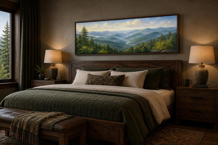 Panoramic Smoky Mountains canvas art above a bed in a rustic cabin bedroom with wood furniture.
