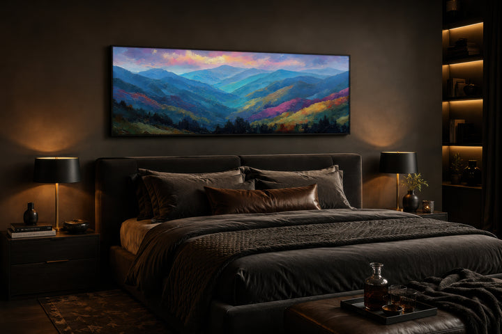 Great Smoky Mountains sunset long horizontal canvas wall art above a bed in a dark bedroom.