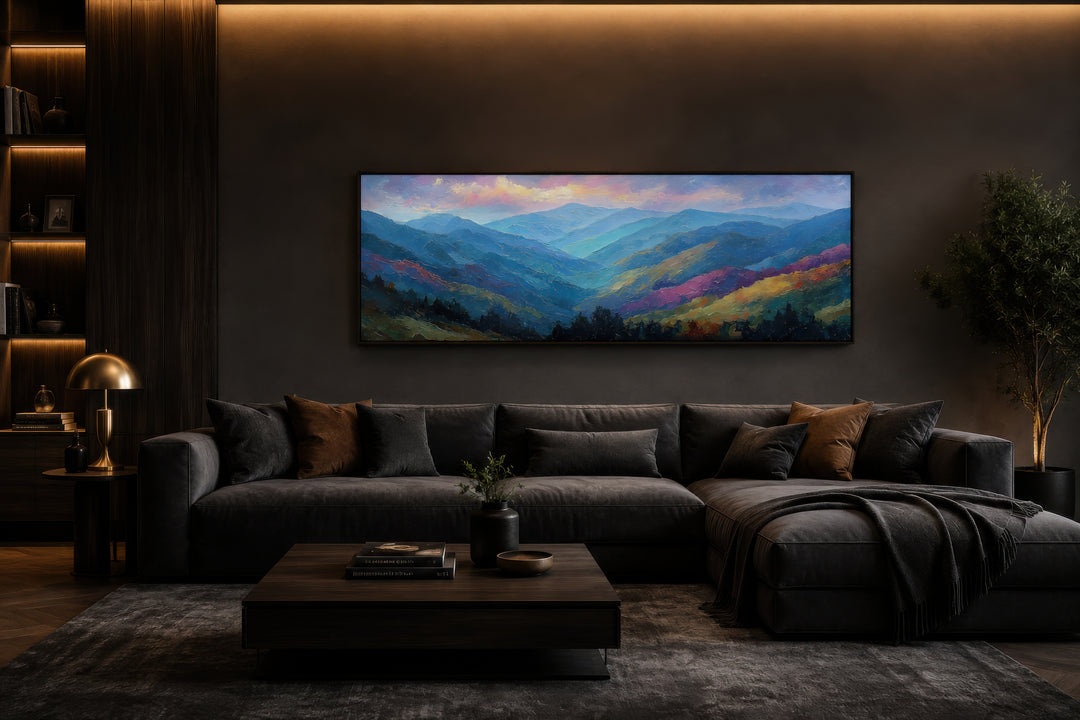 Great Smoky Mountains sunset long horizontal canvas wall art above a dark sofa in a modern room.