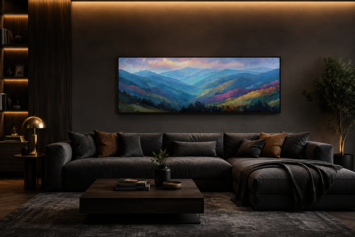 Great Smoky Mountains sunset long horizontal canvas wall art above a dark sofa in a modern room.