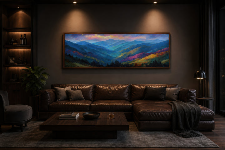 Great Smoky Mountains sunset long horizontal canvas wall art above a brown leather sofa.
