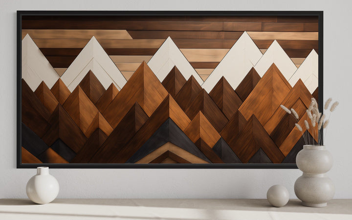 Snow Capped Mountains Layered Wood Panel Effect Canvas Wall Art close up