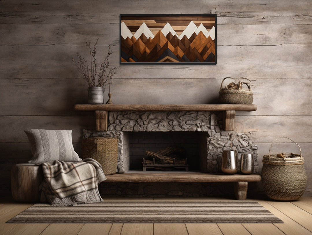 Snow Capped Mountains Layered Wood Panel Effect Canvas Wall Art above fireplace