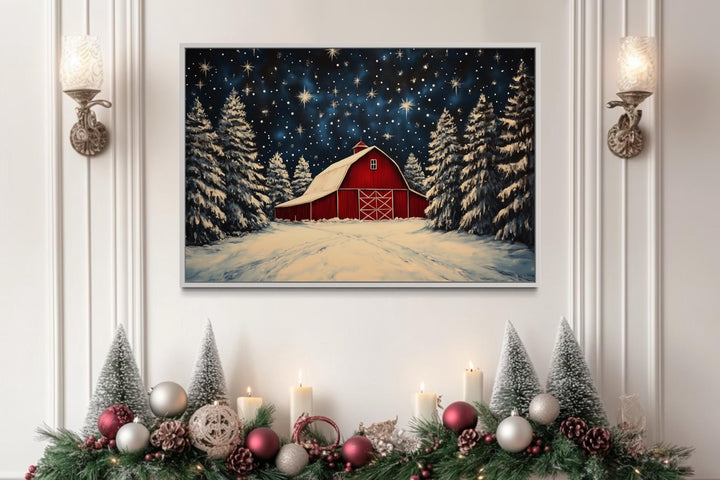 Snow Covered Red Farm Barn In Winter Christmas Canvas Wall Art