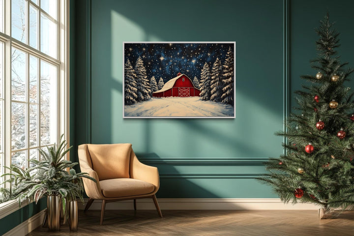 Snow Covered Red Farm Barn In Winter Christmas Canvas Wall Art