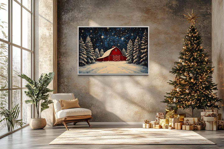 Snow Covered Red Farm Barn In Winter Christmas Canvas Wall Art