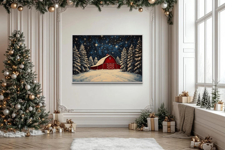 Snow Covered Red Farm Barn In Winter Christmas Canvas Wall Art