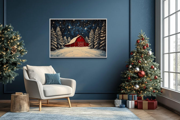 Snow Covered Red Farm Barn In Winter Christmas Canvas Wall Art