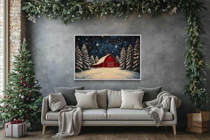 Snow Covered Red Farm Barn In Winter Christmas Canvas Wall Art