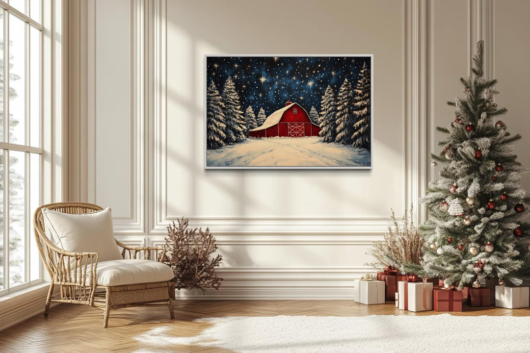 Snow Covered Red Farm Barn In Winter Christmas Canvas Wall Art