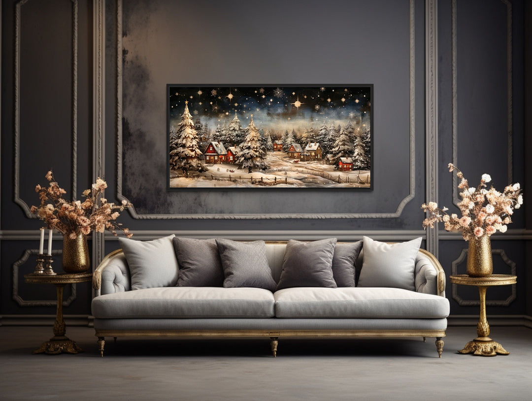 Snow Covered Winter Village At Night Farmhouse Christmas Over Fireplace Mantel Wall Art