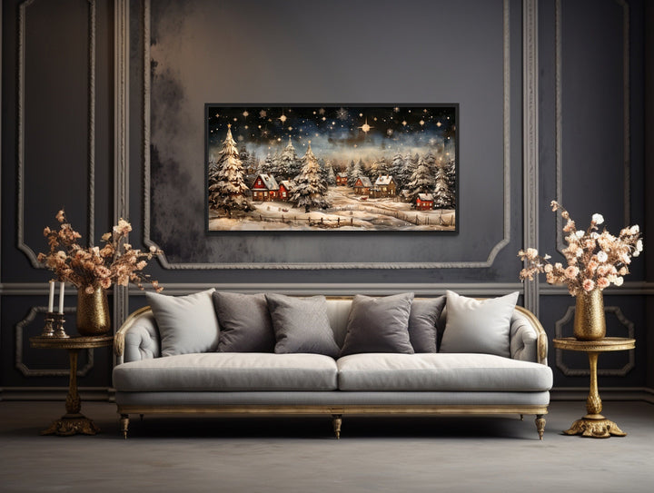 Snow Covered Winter Village At Night Farmhouse Christmas Over Fireplace Mantel Wall Art