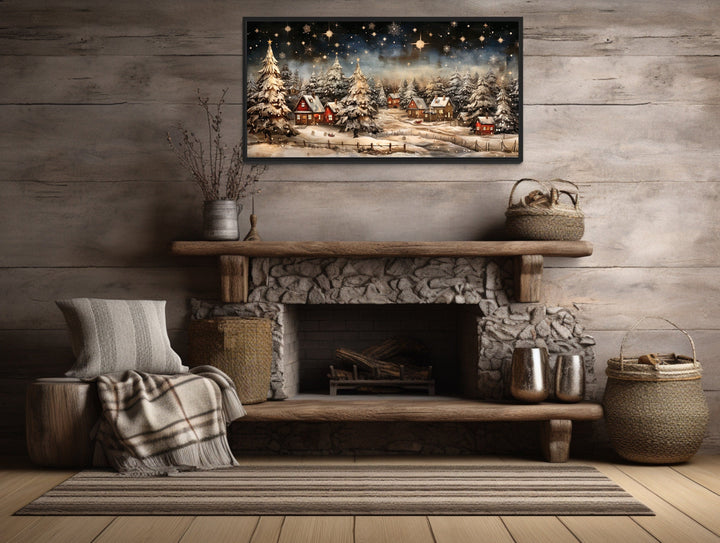 Snow Covered Winter Village At Night Farmhouse Christmas Over Fireplace Mantel Wall Art