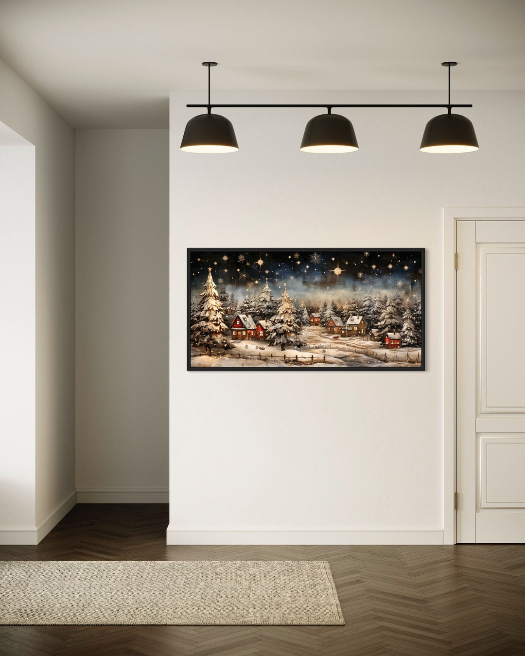 Snow Covered Winter Village At Night Farmhouse Christmas Over Fireplace Mantel Wall Art