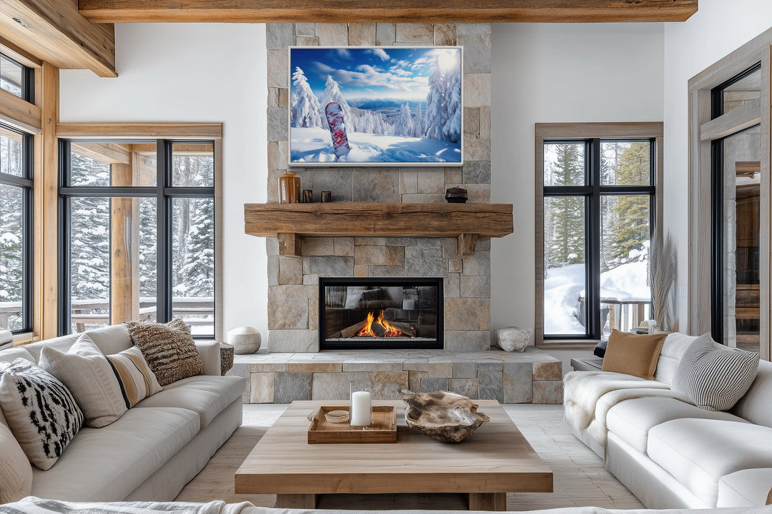 Snowboard In Snowy Mountains Winter Framed Canvas Wall Art