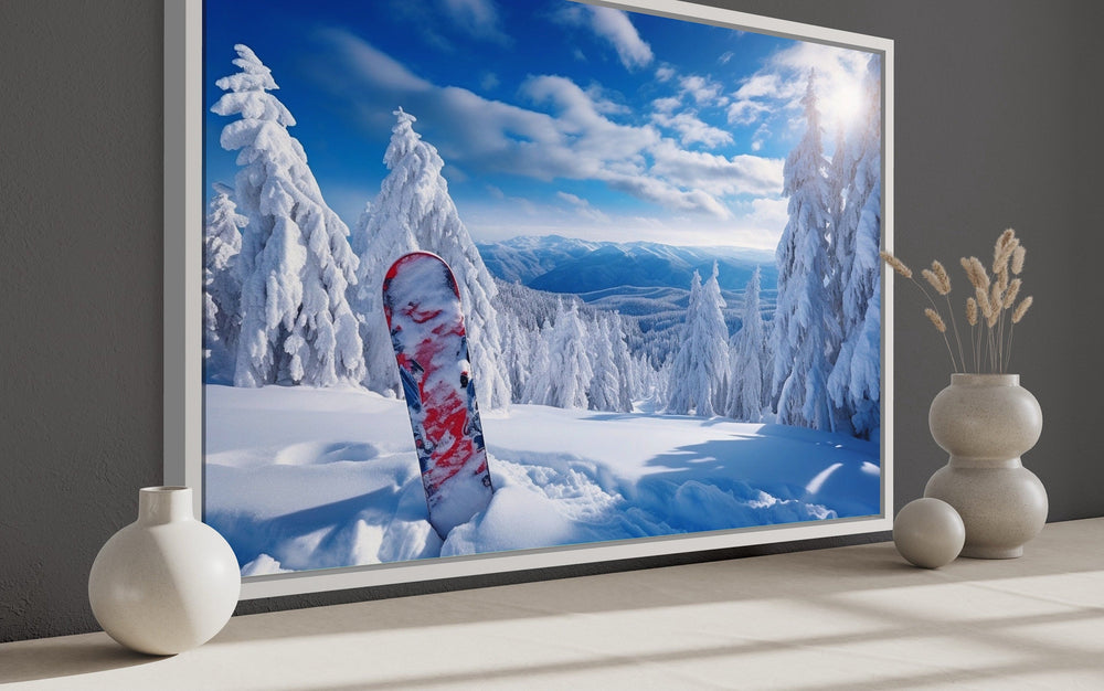 Snowboard In Snowy Mountains Winter Framed Canvas Wall Art side view