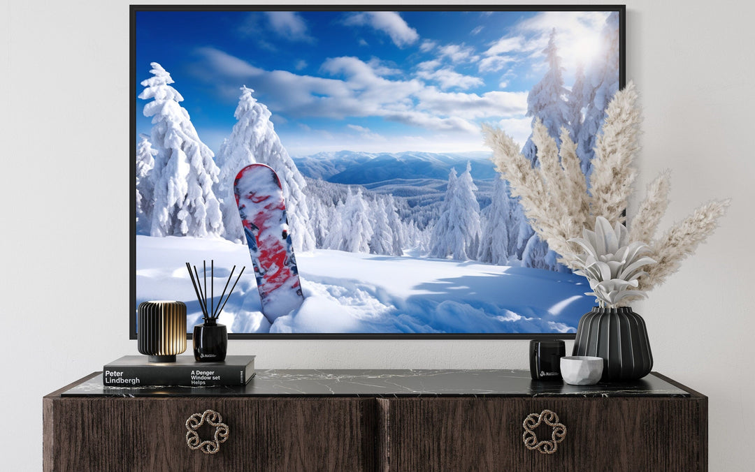 Snowboard In Snowy Mountains Winter Framed Canvas Wall Art