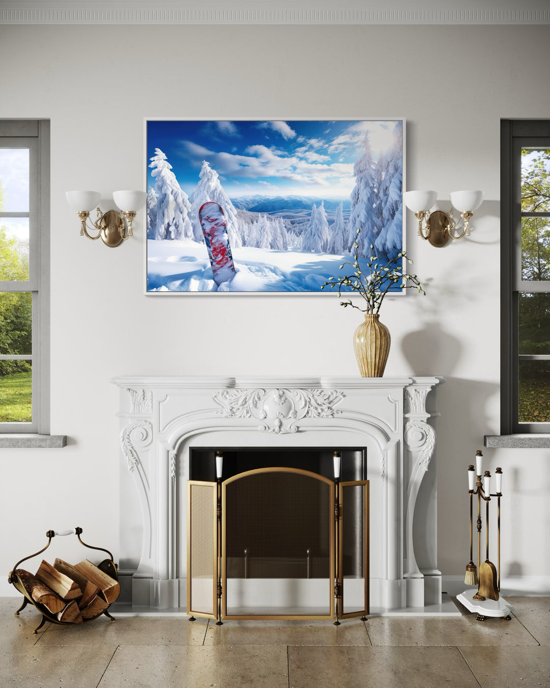 Snowboard In Snowy Mountains Winter Framed Canvas Wall Art