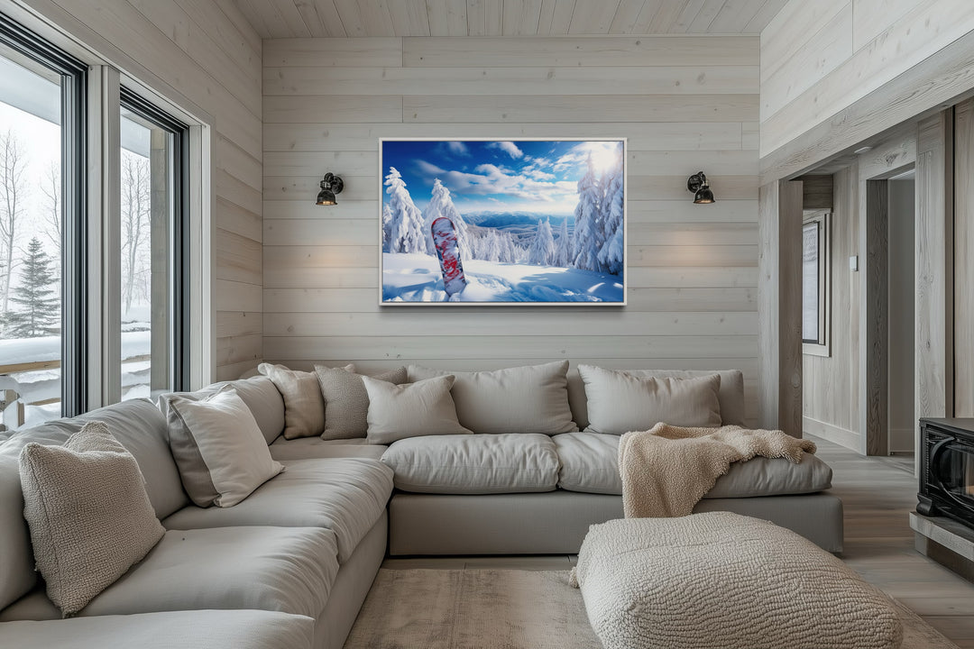 Snowboard In Snowy Mountains Winter Framed Canvas Wall Art