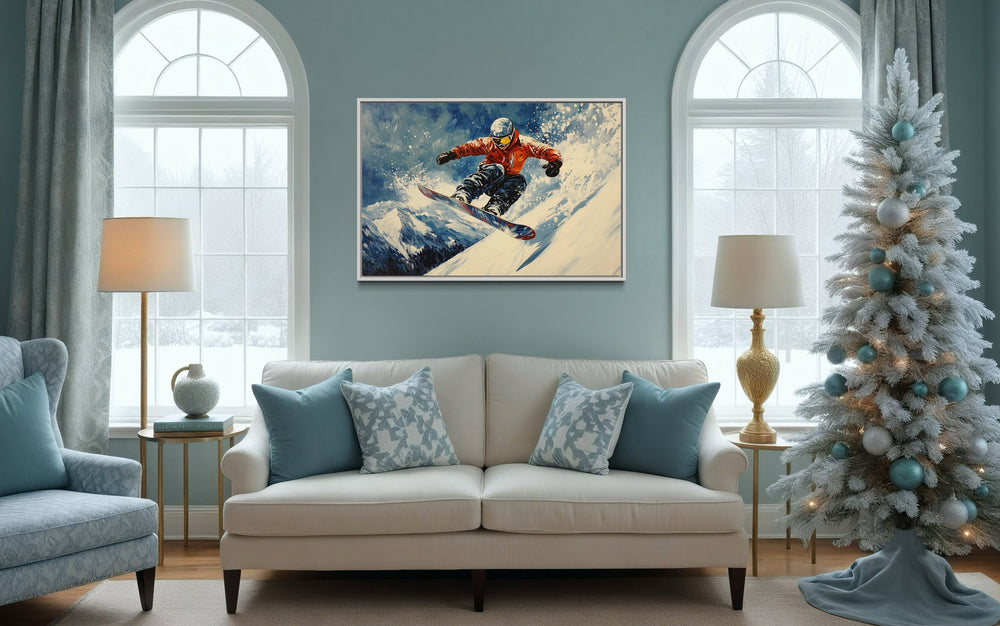 Snowboarder Sliding Down A Slope In Snowy Mountains Winter Framed Canvas Wall Art