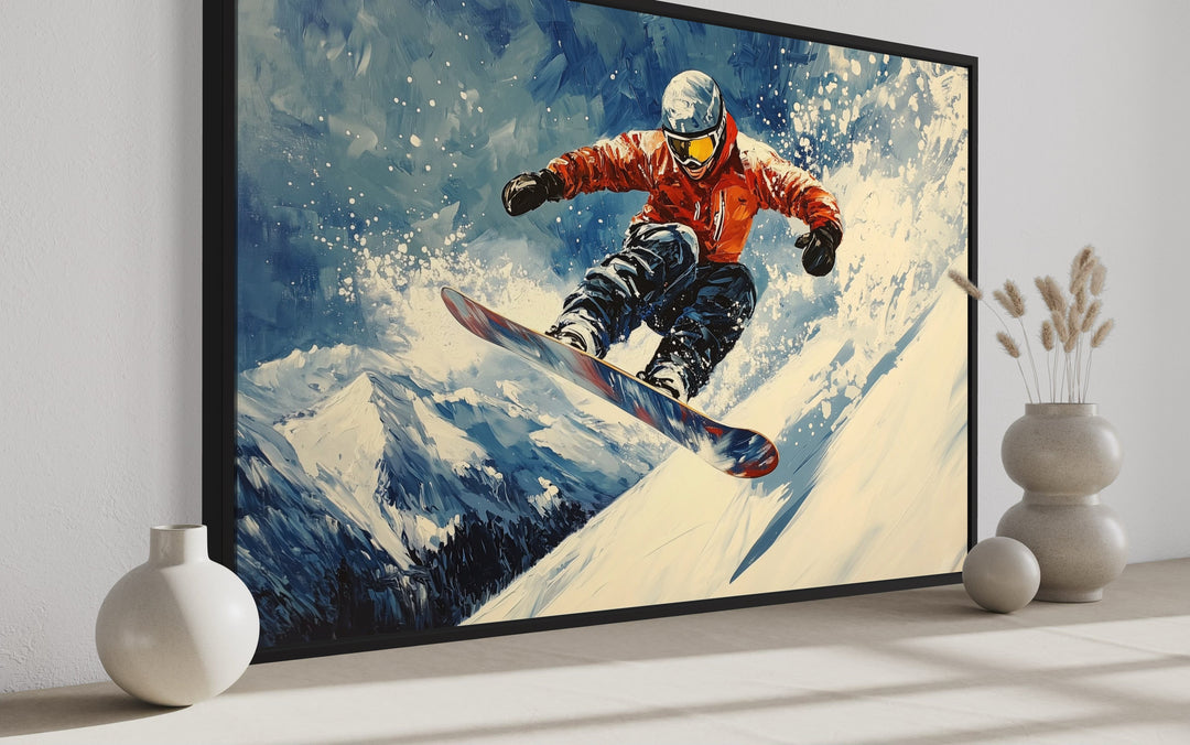 Snowboarder Sliding Down A Slope In Snowy Mountains Winter Framed Canvas Wall Art