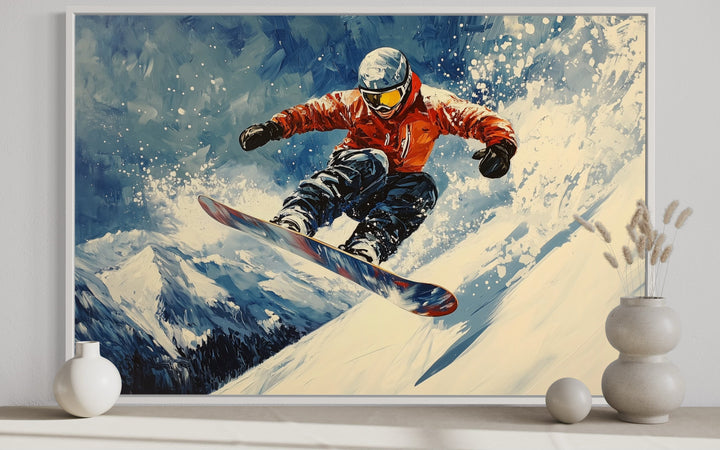 Snowboarder Sliding Down A Slope In Snowy Mountains Winter Framed Canvas Wall Art