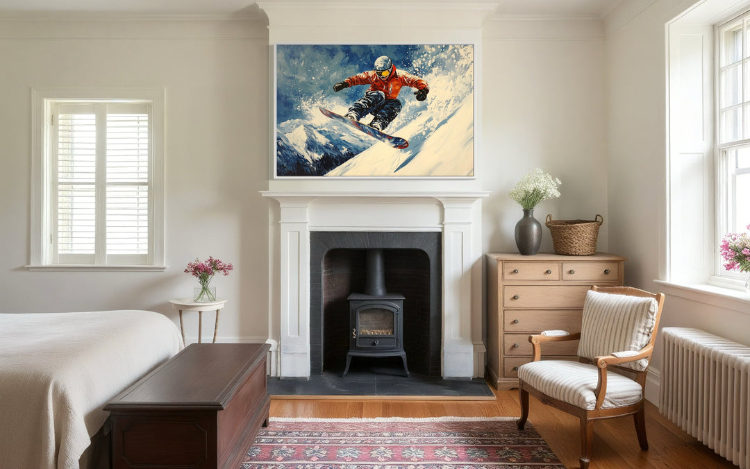 Snowboarder Sliding Down A Slope In Snowy Mountains Winter Framed Canvas Wall Art