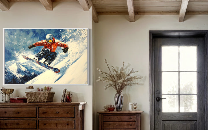 Snowboarder Sliding Down A Slope In Snowy Mountains Winter Framed Canvas Wall Art