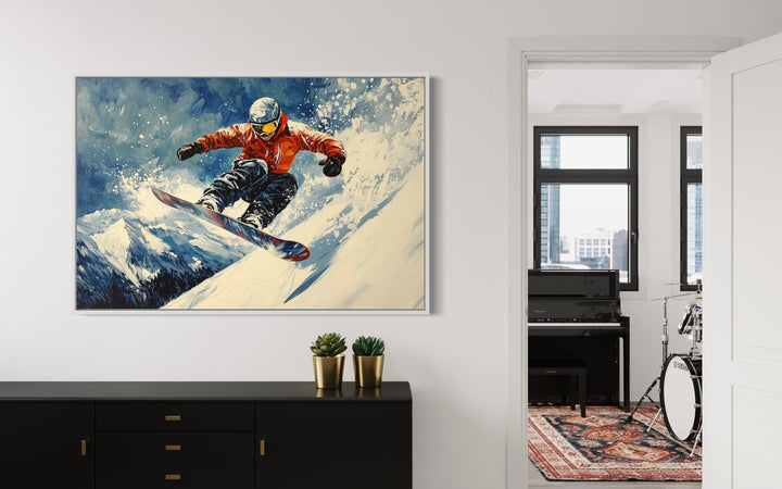 Snowboarder Sliding Down A Slope In Snowy Mountains Winter Framed Canvas Wall Art