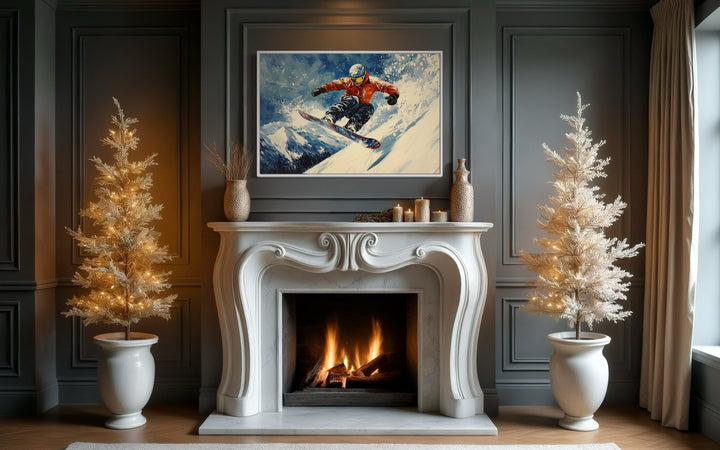 Snowboarder Sliding Down A Slope In Snowy Mountains Winter Framed Canvas Wall Art