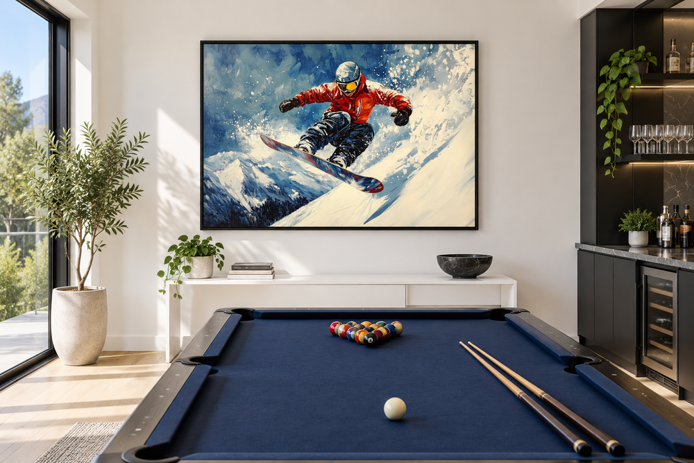 Framed canvas wall art of a snowboarder in a red jacket jumping on a snowy mountain slope.