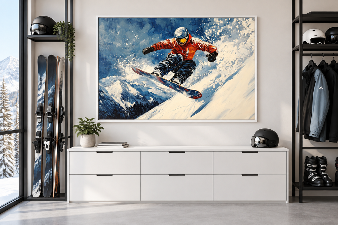 Framed canvas wall art of a snowboarder in a red jacket jumping on a snowy mountain slope.
