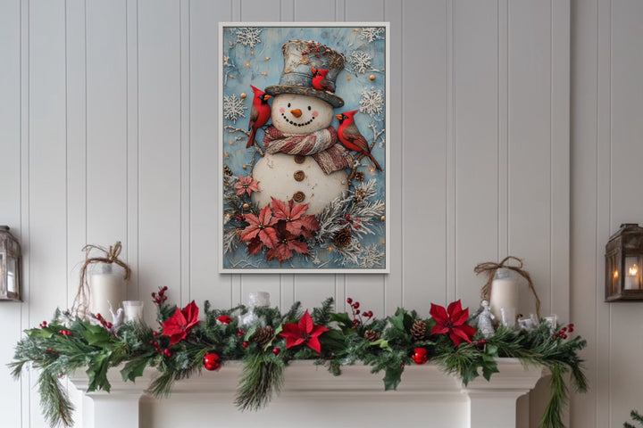 Snowman With Red Cardinals Framed Canvas Wall Art