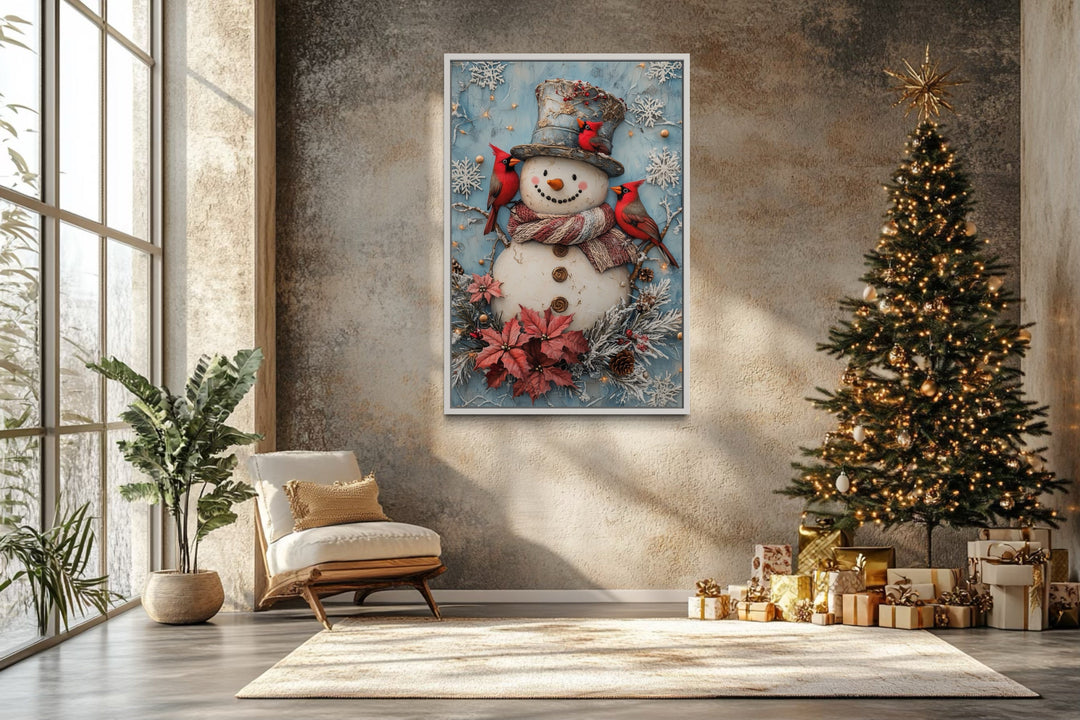 Snowman With Red Cardinals Framed Canvas Wall Art