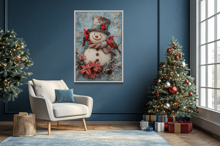 Snowman With Red Cardinals Framed Canvas Wall Art