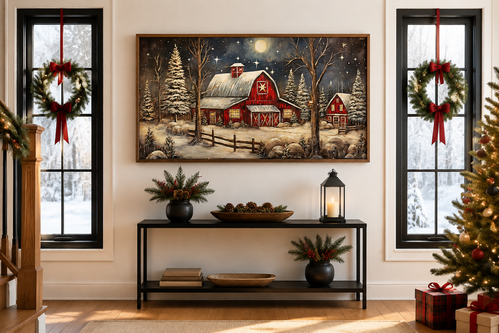 Snowy farm barn painting on wood framed canvas wall art displayed above a console table.